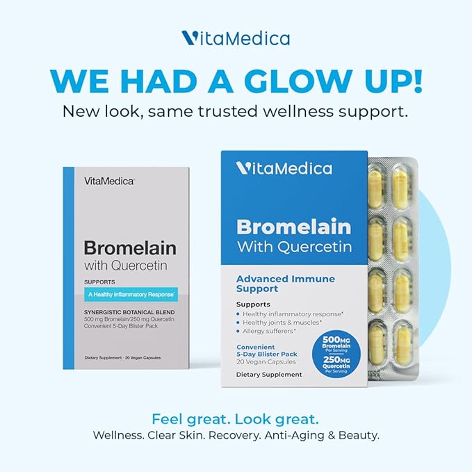 VitaMedica Bromelain & Quercetin Supplement - 500mg Bromelain 250mg Quercetin - 2400 GDU for Immunity, Joint Support, Inflammation and Muscle Recovery - 20 Vegan Capsules - 5 Day Supply