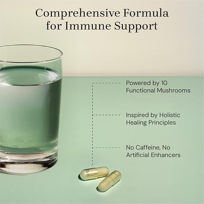 Daily Immunity - Mushroom Supplement Capsules with Lion’s Mane, Turkey Tail, Cordyceps, Reishi - Brain Support, Focus, Energy & Immune Booster - 60 Ct