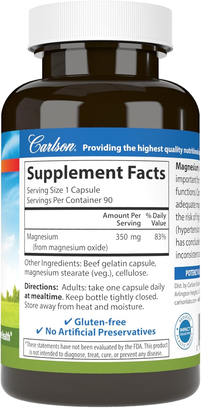 Carlson Magnesium 350 mg Muscle Function & Nerve Health - 90 Capsules