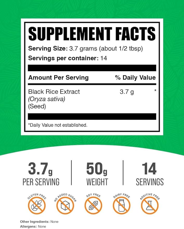 BulkSupplements.com Black Rice Extract Powder - Black Rice Supplement, Black Rice Powder - Gluten Free Supplement, 3700mg per Serving, 50g (1.8 oz) (Pack of 1)