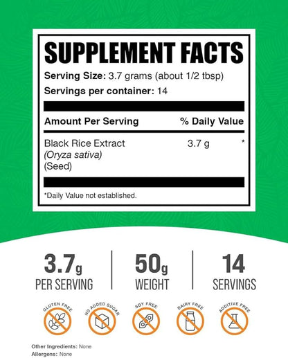 BulkSupplements.com Black Rice Extract Powder - Black Rice Supplement, Black Rice Powder - Gluten Free Supplement, 3700mg per Serving, 50g (1.8 oz) (Pack of 1)