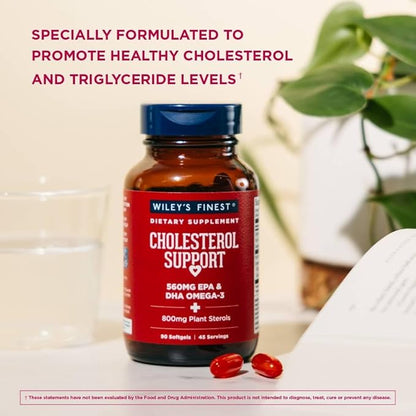 Wiley's Finest Wild Alaskan Fish Oil Cholesterol Support - Heart Health Supplement for Men and Women - 560mg Omega-3s - 90 Softgels (45 Servings)