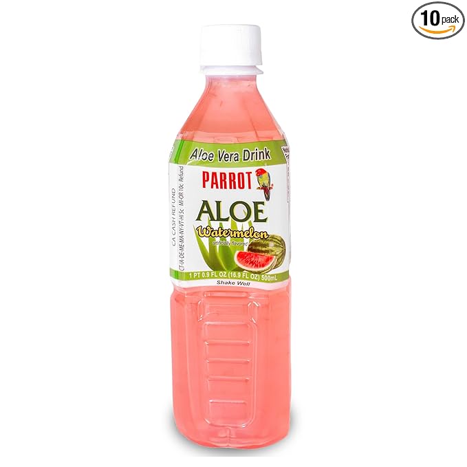 Parrot Aloe Vera Drink with pulp and Watermelon flavor, Chewable Aloe added, Sweet and Refreshing Jucie Drink 16.9 fl.oz. (Pack of 10)