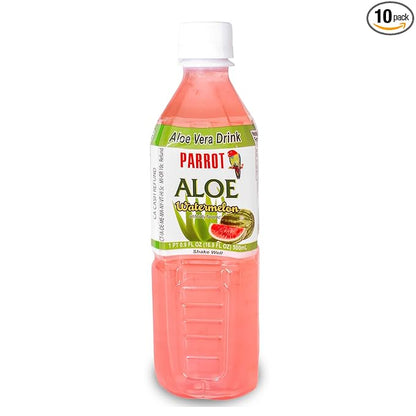 Parrot Aloe Vera Drink with pulp and Watermelon flavor, Chewable Aloe added, Sweet and Refreshing Jucie Drink 16.9 fl.oz. (Pack of 10)