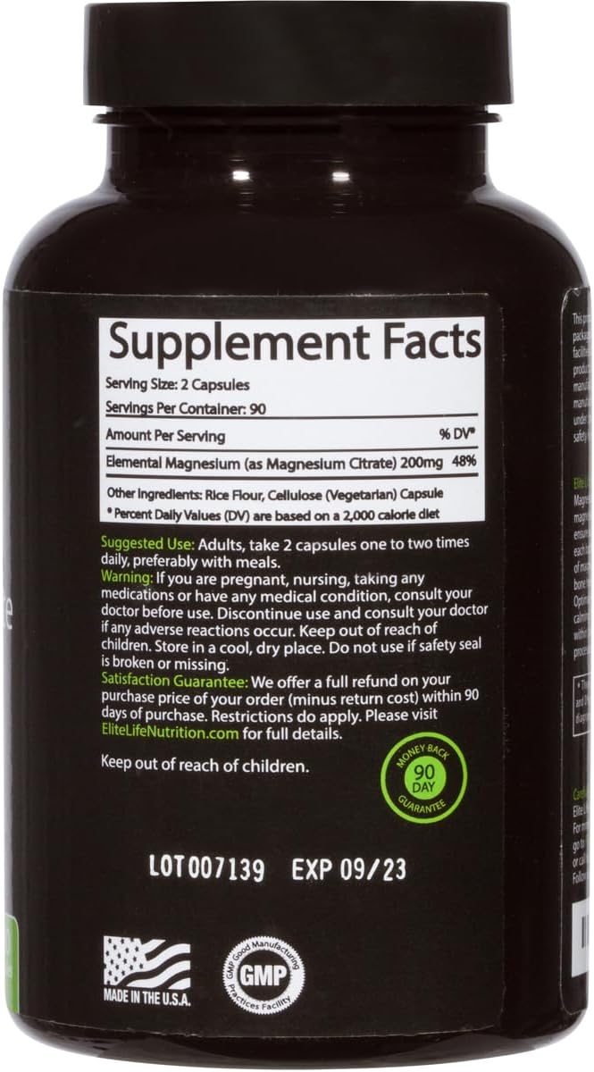 Magnesium Citrate 200mg - Pure, High-Potency, Bioavailable, and Natural Magnesium - Optimum for Stress Relief, Sleep, Relaxation, Constipation, and Brain Support Now - with 180 Capsules