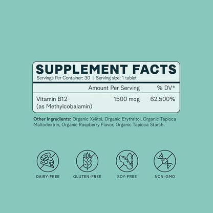Ora Organic Vitamin B12 1500mcg - Plant-Based methylcobalamin for Adults - Natural Stimulant-Free Energy, Raspberry Flavor chewable Tablets, no Added Sugar - 30 Tablets