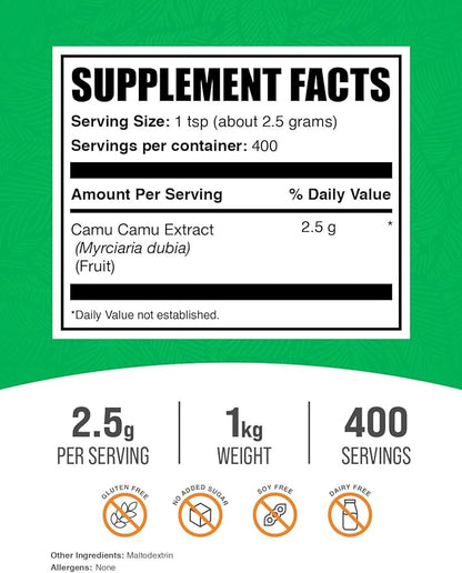 BulkSupplements.com Camu Camu Extract Powder - Superfood Supplement, Camu Camu Supplement - Vegan & Gluten Free, 2.5g per Serving, 1kg (2.2 lbs) (Pack of 1)