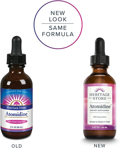 Heritage Store Atomidine 450mcg Liquid Iodine Drops, Electrically Charged Iodine Supplement for Healthy Thyroid Support,* Bioavailable Formula, Vegan & Cruelty Free, Approx. 960 Servings, 2 fl oz