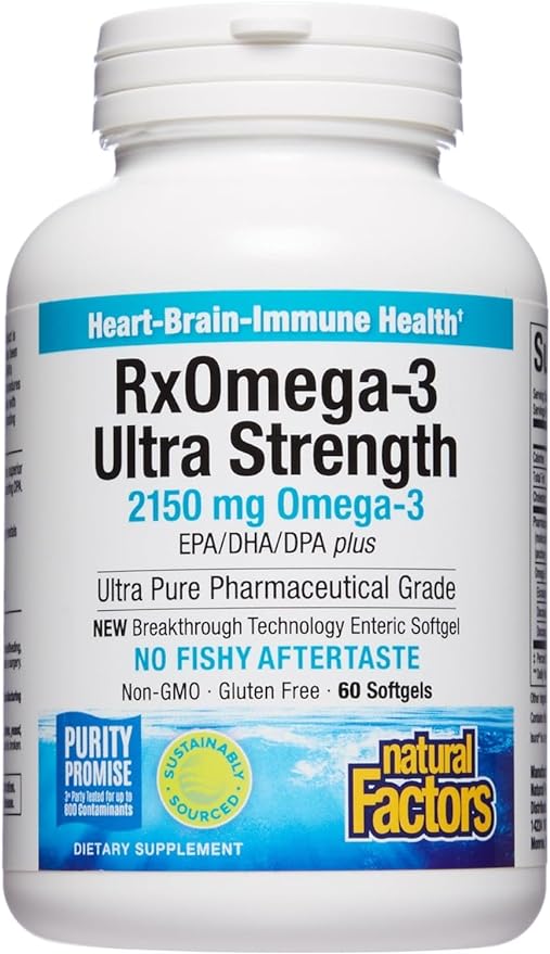Natural Factors RxOmega-3 Ultra Strength Fish Oil with Vitamin D3, High Potency Formula, 2,150 mg, No Fishy Aftertaste, 60 Softgels