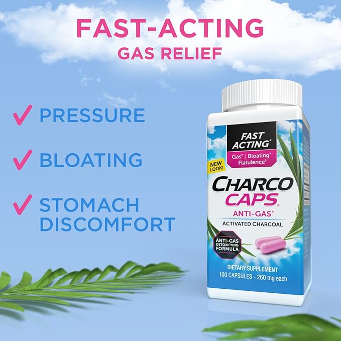 Fast Acting Gas Relief for Bloating & Flatulence, Drug Free Detoxifying Activated Charcoal Formula, 100 Capsules, 30 Day Supply, Pink