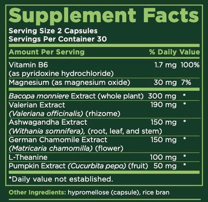 Sleep Support Supplement with Bacopa, Valerian, Ashwagandha, and Other Herbs and Vitamins, Supports Healthy Sleep Patterns, 30 Day Supply, 60 Capsules