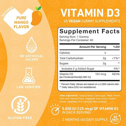 Vitamin D3 5000 iu Gummies – Daily Supplement for Bone & Immune Health, and Joint Muscle Support for Adults & Kids, Gluten Free, Non-GMO (60 Count)