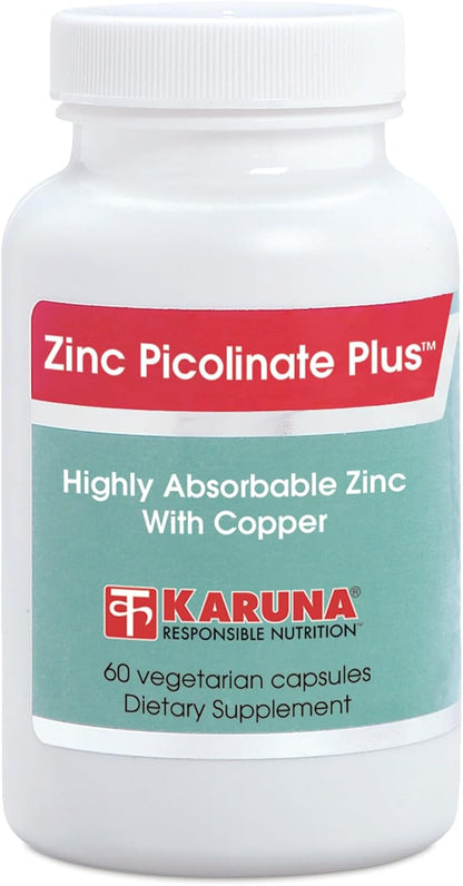 Karuna Health Zinc Picolinate Plus 60 Vegetarian Capsules | 25 MG Plus 2.5 MG Copper for BALACED Long Term USE | Supporting Immune Function, Skin Health, Development and Overall Well-Being.