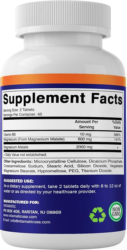 Vitamatic Magnesium Malate 2000mg per Serving - 90 Vegetarian Tablets - Added B6 for Maximum Absorption - Supports Muscle, Joint, and Heart Health* (2 Bottles, Unflavored)