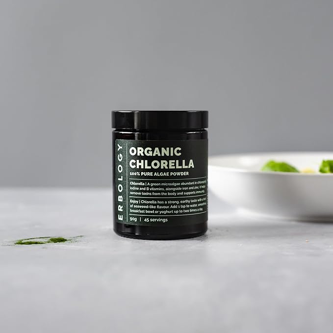 Erbology Organic Chlorella Powder 3.2 oz - 45 Servings - Sustainably Sourced in Spain - Body Cleansing and Immunity Support - Rich in Chlorophyll, B Vitamins, Iron and Phosphorus - Vegan - GMO-Free