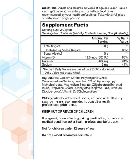 Citracal Petites, 400 mg Calcium Citrate, Easily Absorbed and Highly Soluble with 12.5 mcg (500 IU) Vitamin D3, Bone Health Support for Ages 12+, Smaller and Easier to Swallow Caplets, 375 Count