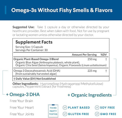 Omega 3 Algae DHA Vegan - Omega 3 DHA Supplement, Plant-Based Omega-3 Blend of Organic Algae, Organic Chia, and Organic Flax Seed Third Party Tested, Doctor's Choice,1 Month Supply, 30 Capsules