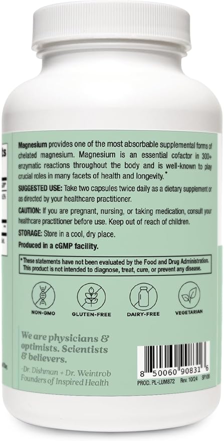 LUMINSPIRED HEALTH High Absorption (Magnesium Glycinate) 260mg - Magnesium Supplement for Muscle Relaxation, Bone Health & (Heart Health) - 160 Vegan Capsules, Non-GMO, Gluten-Free