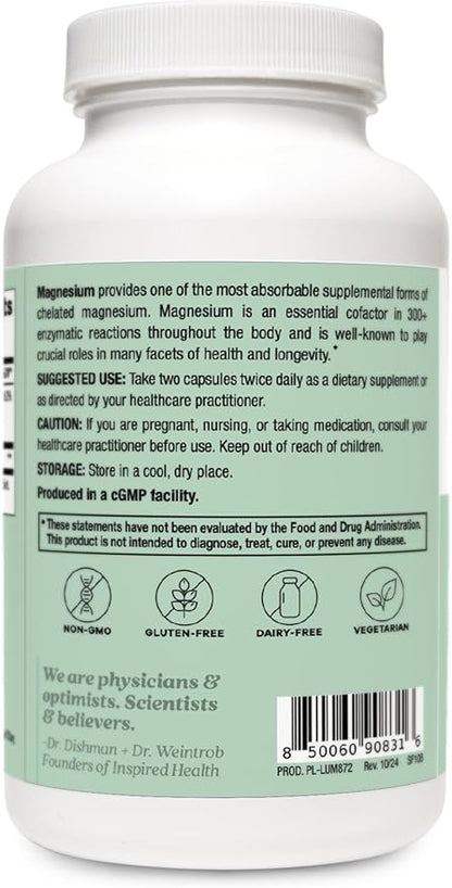 LUMINSPIRED HEALTH High Absorption (Magnesium Glycinate) 260mg - Magnesium Supplement for Muscle Relaxation, Bone Health & (Heart Health) - 160 Vegan Capsules, Non-GMO, Gluten-Free