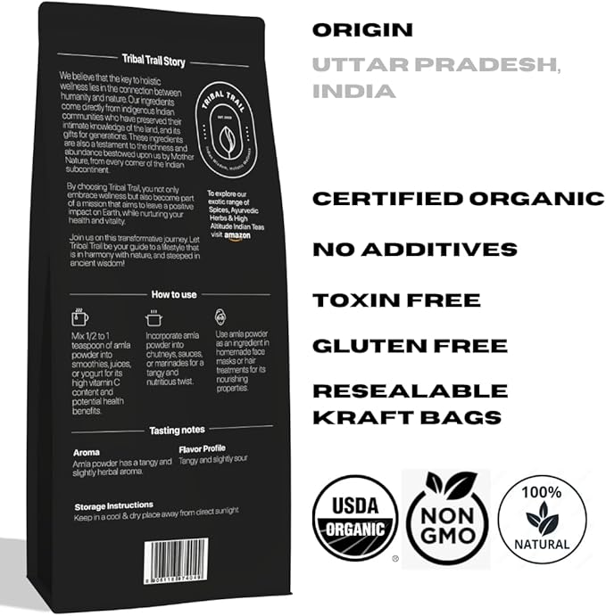 Organic Amla Powder (Indian Gooseberry) | 8.01 oz | USDA Organic & Non-GMO | Raw from India | Healthy Hair & Skin | Recyclable Kraft Bags