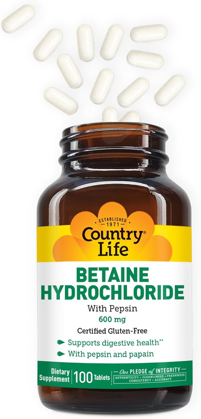 Country Life Betaine Hydrochloride with Pepsin, 600mg, 100 Tablets, Certified Gluten Free