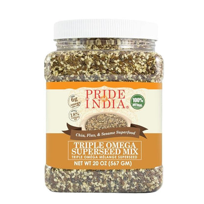 Pride Of India - Triple Omega Superseed Mix - Protein, Fiber, Calcium, Iron, Omega-3, Omega-6, & Thiamin Rich Superfood w/Chia Flax & Sesame Seeds, 1.25 Pound (20oz) Jar