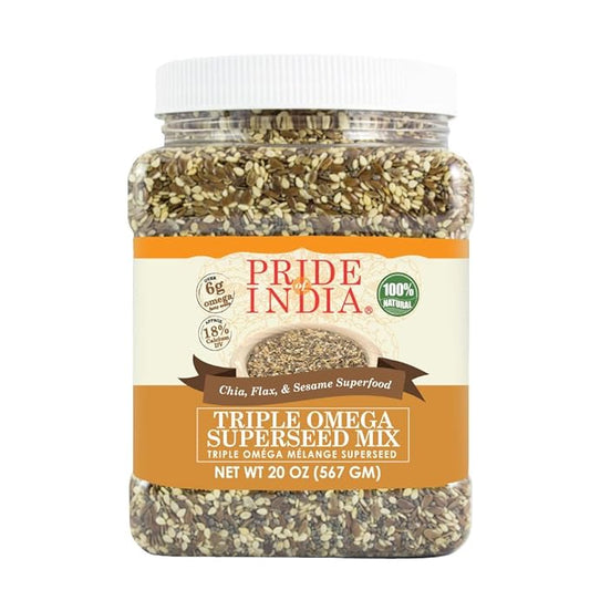 Pride Of India - Triple Omega Superseed Mix - Protein, Fiber, Calcium, Iron, Omega-3, Omega-6, & Thiamin Rich Superfood w/Chia Flax & Sesame Seeds, 1.25 Pound (20oz) Jar