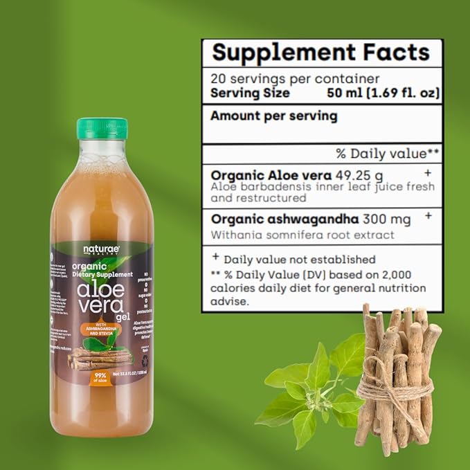 Naturae Healthy Organic Aloe Vera juice with Ashwagandha & Stevia -Cold processed- Fresh Aloe Vera leaves- 33.81 Fl Oz each bottle