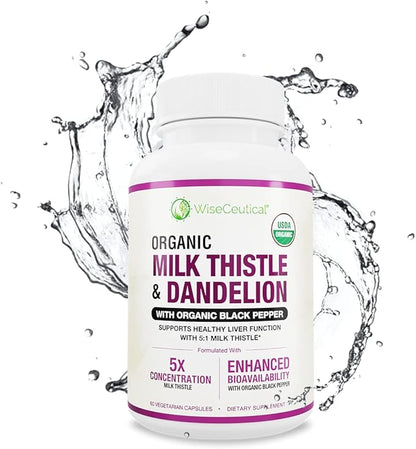 Max Absorption USDA Organic Milk Thistle Potent 5:1 Concentrated Extract (2000mg Strength) & Organic Dandelion Root | Silymarin Antioxidant Flavonoid | Liver Support Supplement (60 Count (Pack of 1))