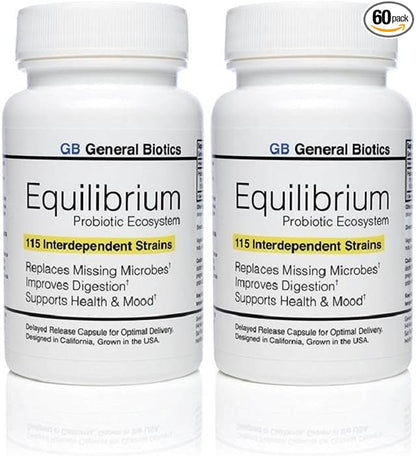 Equilibrium Probiotic Supplement with Prebiotic - Daily Time Release - 60 Effective Easy to Swallow Capsules - Highest Strain Count in The World - 2 Bottles
