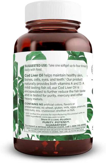 Natural Nutra Norwegian Cod Liver Oil Supplement, Helps to Maintain Skin, Helps Maintain Body Density, Eye Health & Nerve Function, Promotes Dental Health, Supports Cardiovascular Health, 250 Softgels
