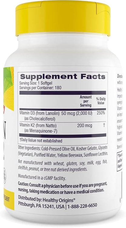 Healthy Origins Vitamin D3 & K2 - Vitamin D3, 50 mcg - Vitamin K2, 200 mcg - Easily Absorbable Vitamin D & Vitamin K Supplements - Non-GMO & Gluten-Free Supplements - 180 Softgels