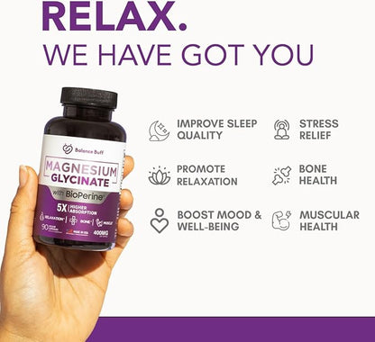 Magnesium Glycinate 400mg with Bioperine - 5X Higher Absorption - Support Stress Relief, Sleep, Bone Health - 100% Chelated - Pure Magnesium Supplement - 90 Veggie Capsules