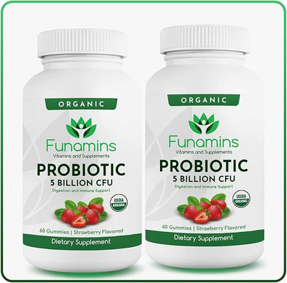 Organic Probiotic Gummies, 2-Pack, 60 Count Each, 5 Billion CFU per Serving, Vegan, Supports Digestive Health and Immune Defense, for Women and Children; Strawberry Flavor