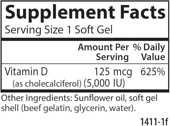 Carlson - Vitamin D3 5000 IU (125 mcg), Bone Health, Muscle Health, Cholecalciferol, Vitamin D Supplements, Vitamin D3 Soft Gels, 120 Softgels