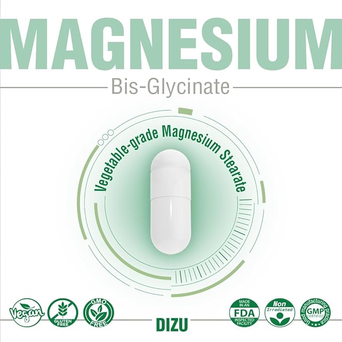 Dizu - Magnesium Bisglycinate 200 mg, Pure Elemental Chelated Complex, Supports Sleep, Muscle, Bone, Heart & Energy Metabolism, with Glycine & Oxide, Vegetable Capsules