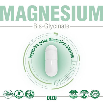 Dizu - Magnesium Bisglycinate 200 mg, Pure Elemental Chelated Complex, Supports Sleep, Muscle, Bone, Heart & Energy Metabolism, with Glycine & Oxide, Vegetable Capsules