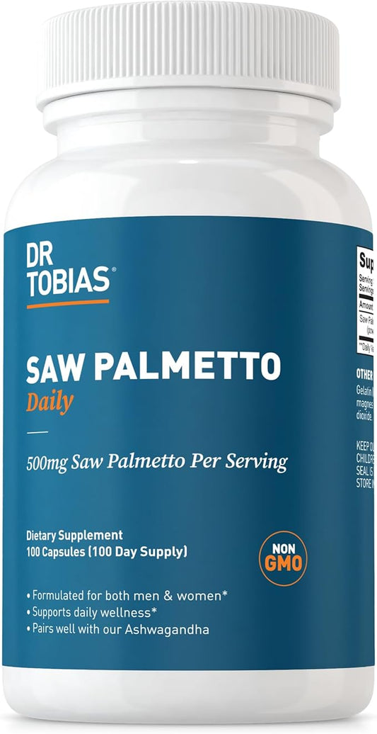 Dr. Tobias Saw Palmetto Supplement, Supports Urinary Health, Hormonal Balance, Prostate Health, & Hair Vitality, Saw Palmetto for Men & Women, 500mg Per Serving - 100 Capsules, 100 Servings