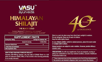 VASU Ayurveda Himalayan Shilajit Resin 400mg – Lab Tested Natural Energy Booster with Fulvic Acid & 85+ Trace Minerals – Pure Shilajit for Men & Women – 100 Days Supply for Strength & Stamina (2-Pack)