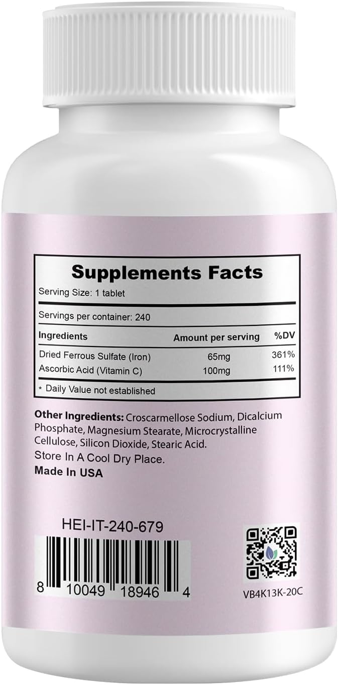 Ferrous Sulfate 325mg (Iron 65mg), High Potency Iron Supplement for Women and Men, Iron Pills with Vitamin C, Ferrous Sulfate, Non-GMO - 240 Tablets Made in USA