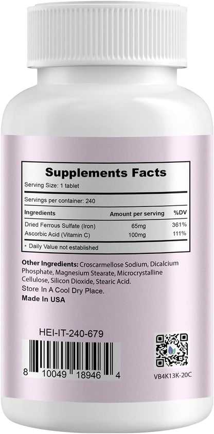Ferrous Sulfate 325mg (Iron 65mg), High Potency Iron Supplement for Women and Men, Iron Pills with Vitamin C, Ferrous Sulfate, Non-GMO - 240 Tablets Made in USA