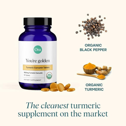 Ora Organic Turmeric Curcumin with Piperine - Pure Extracts for Joint Stress and Cardiovascular Health, Support Healthy Cognitive Function, No Filler Ingredients - 90 Vegan Tablets, 1 Month Supply