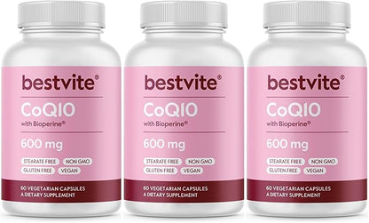 BESTVITE Coenzyme CoQ10 600mg per Capsule with Bioperine (180 Vegetarian Capsules) (3-Pack) Naturally Fermented - No Stearates - No Fillers - Vegan - Non GMO - Gluten Free