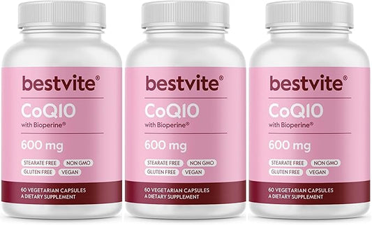 BESTVITE Coenzyme CoQ10 600mg per Capsule with Bioperine (180 Vegetarian Capsules) (3-Pack) Naturally Fermented - No Stearates - No Fillers - Vegan - Non GMO - Gluten Free
