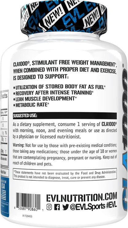 Evlution Conjugated Linoleic Acid CLA Pills - CLA 1000mg Diet Pills to Support Weight Loss Fat Burning Lean Muscle and Faster Metabolism - Stimulant-Free Safflower Based Fat Loss Support - 90