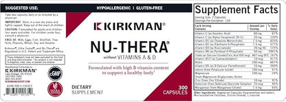 Kirkman Nu-Thera Without Vitamins A & D - Hypoallergenic || 300 Vegetarian Capsules || Multi Vitamin with Vitamin B-6
