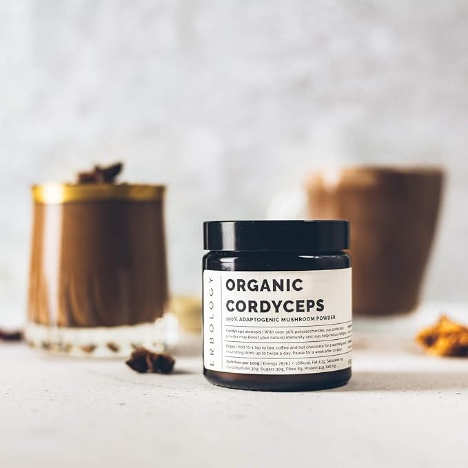 Erbology Organic Cordyceps Mushroom Powder 50 Servings - 48% Beta-glucans - Energy and Performance - Cordyceps Sinensis - Small Batch - Sustainably Grown in Europe - Vegan - Non-GMO - No Added Fillers