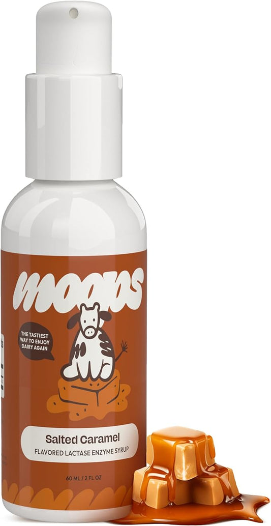Lactase Enzyme Drops 2oz – Delicious Salted Caramel Flavor – 10,000 FCC Units for Fast Acting Dairy Relief – Customizable Dosing for Lactose Intolerance – Portable Twist-to-Lock Pump