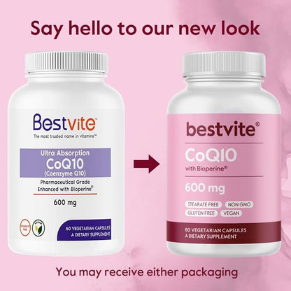 BESTVITE Coenzyme CoQ10 600mg per Capsule with Bioperine (120 Vegetarian Capsules) (2-Pack) Naturally Fermented - No Stearates - No Fillers - Vegan - Non GMO - Gluten Free