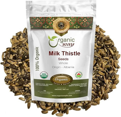 Organic Way Whole Milk Thistle Seeds (Silybum marianum) - European Wild-Harvest, Organic & Kosher Certified, Vegan, Non GMO & Gluten Free, USDA Certified, Origin - Albania (4 Oz)